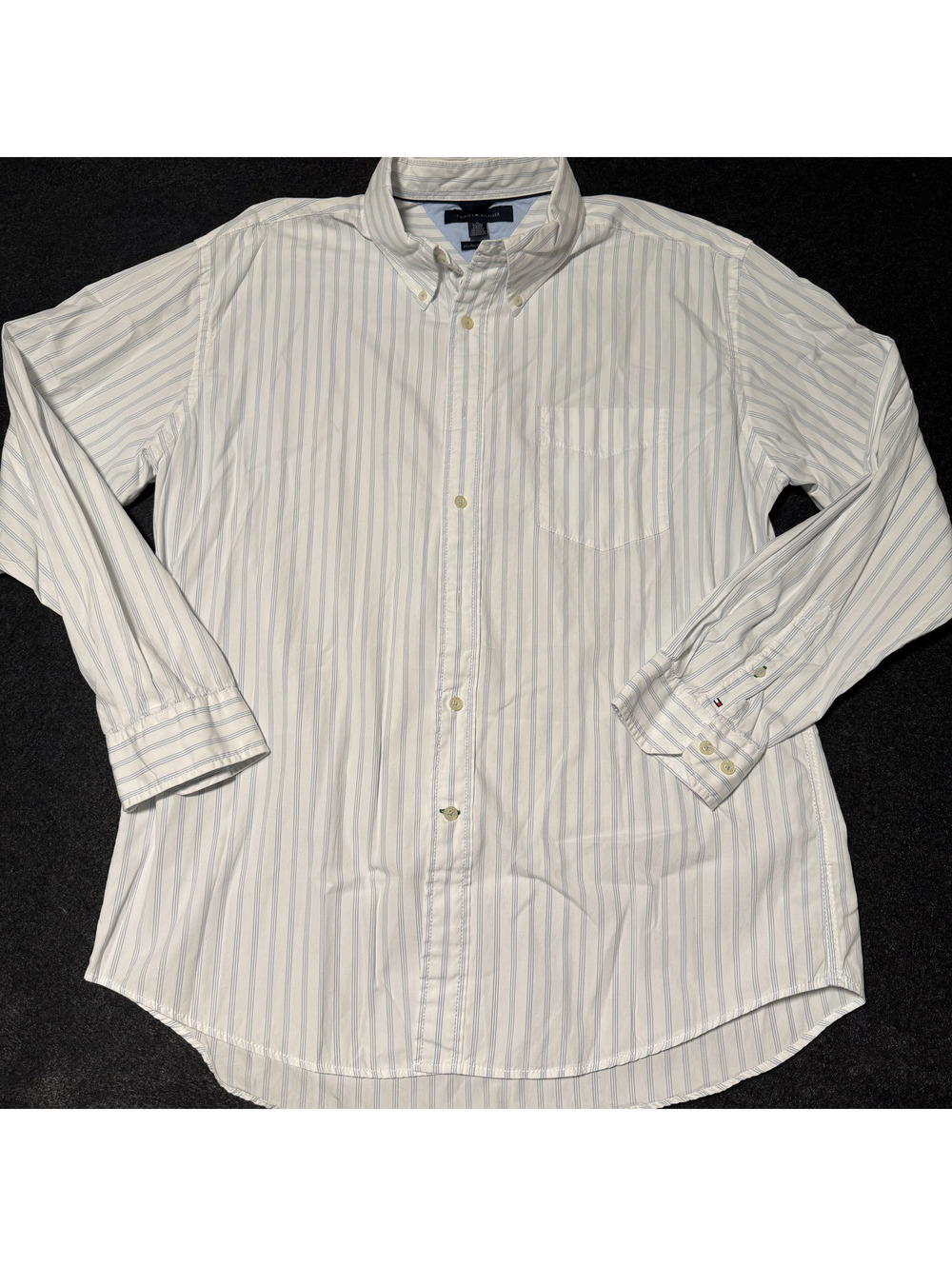 Tommy Hilfiger Men's XL Button Down Shirt White Blue Striped 80s Two Ply Cotton